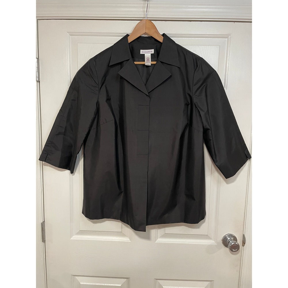 Womens 16 100% Silk 3/4 Sleeve Button Front Jacket Black Topper Blazer ELiSABETH